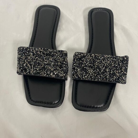 Black Silver Glam Sparkle Rhinestone Embellished Slide Sandals EU 42 / US 11.5 - Picture 4 of 8